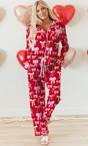 Red Sweet Bow Print Shirt Style Top Long 2pcs Pajama Set