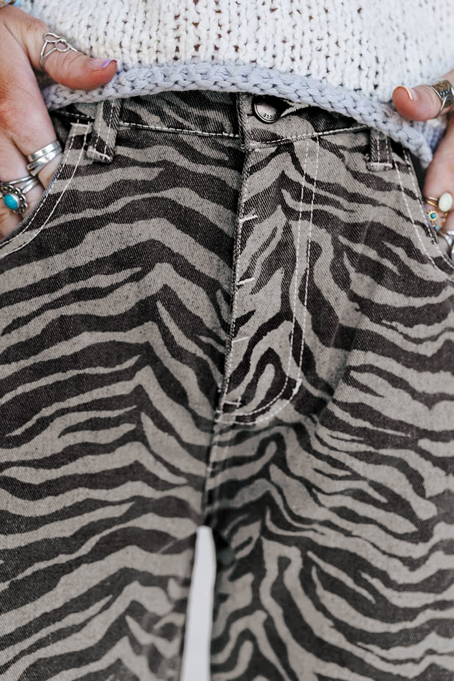 Gray Zebra Stripe Printed Wide Leg Jeans - Image 6