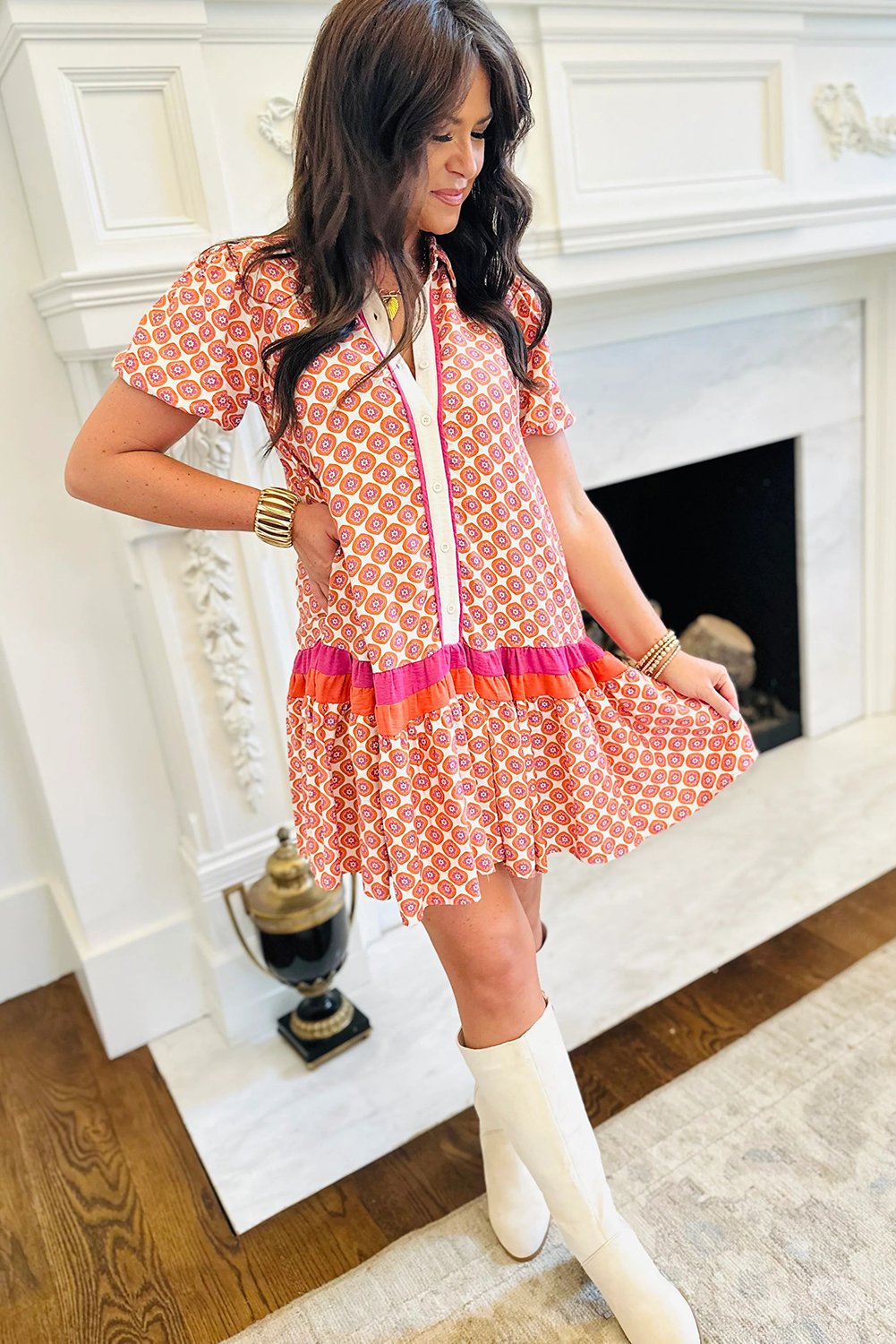 Orange Geometric Floral Print Color Block Trim Button Front Ruffle Hem Dress - Image 6