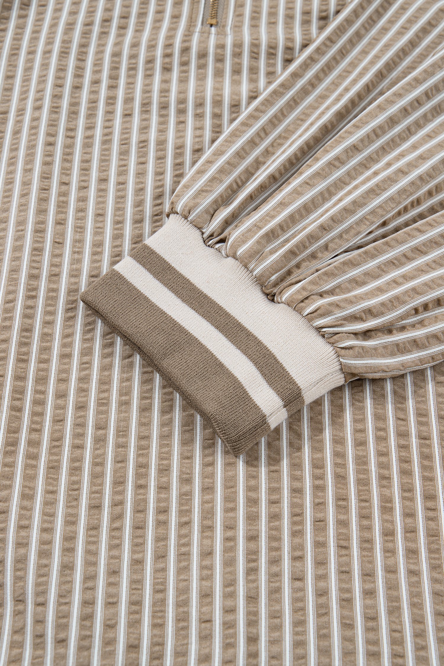 Khaki Stripe Zip up Collared Puff Sleeve Ruffled Plus Size Mini Dress - Image 8