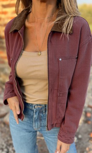 Coffee Corduroy Collar Zipped Front Denim Jacket