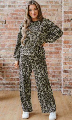 Gray Leopard Print Raw Seam Patchwork Pullover Drawstring Loose Pant Set