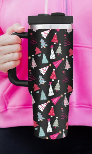 Black Cartoon Christmas Tree Printed Thermos Cup 40oz