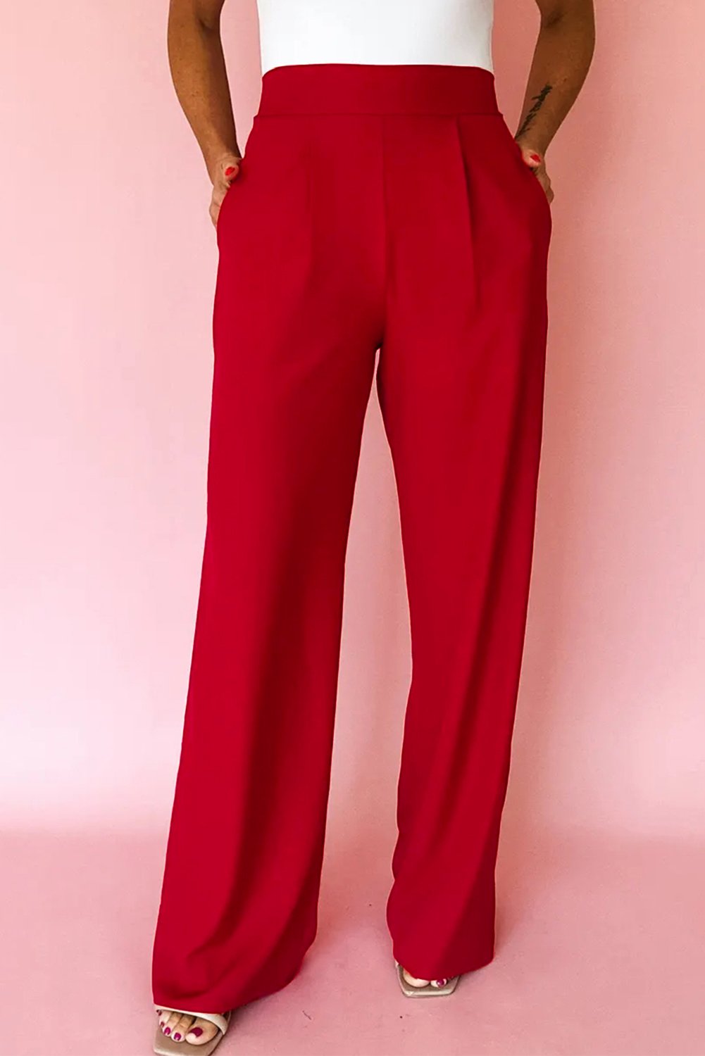 Fiery Red Pleated Detail Pull On High Elastic Waist Loose Straight Pants - Image 2