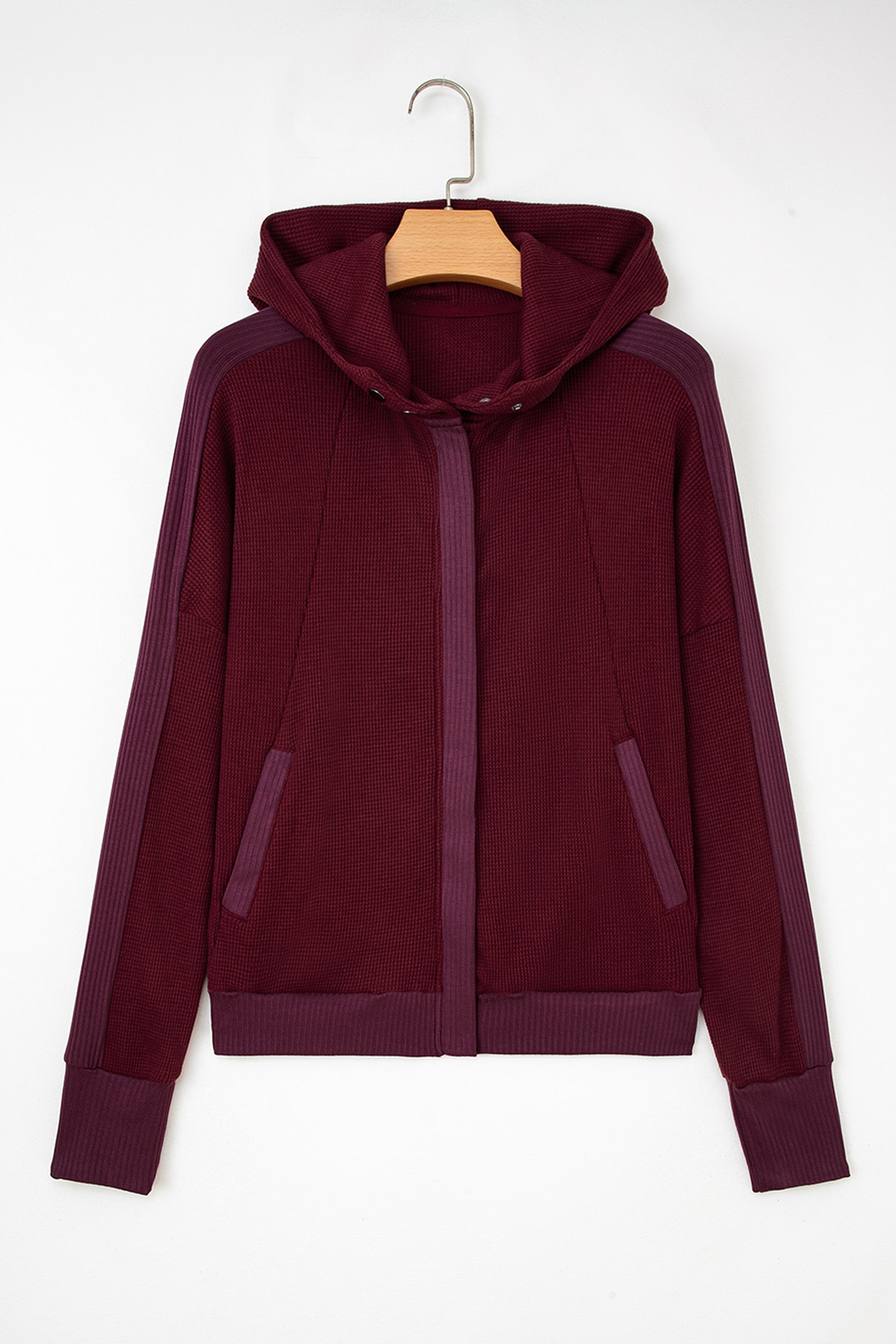Burgundy Waffle Splicing Zip Up Front Button Hooded Jacket - Image 7