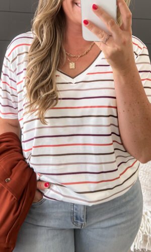 White Stripe V Neck Casual Plus Size Tee