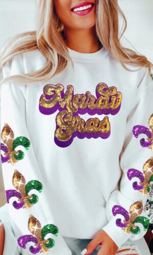 Beige Sequin Mardi Gras Patched Pattern Fleur de Lis Sleeve Sweatshirt