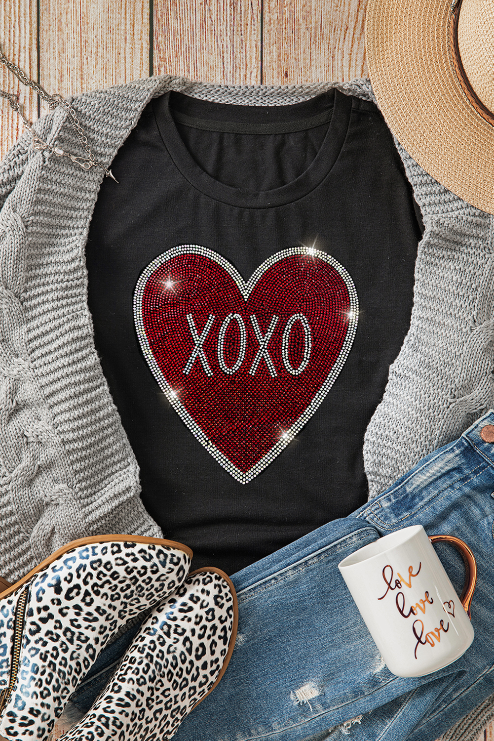 Black Rhinestone XOXO Heart Graphic Crewneck Tee - Image 6