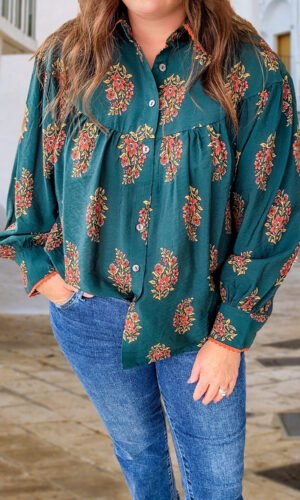 Green Plus Size Floral Print Contrast Lacy Trim Pleated Loose Shirt