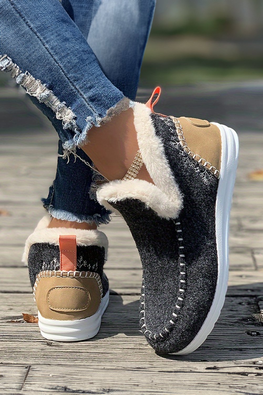 Carbon Grey Suede Stitching Patchwork Plush Lined Anklet Boots - Image 4