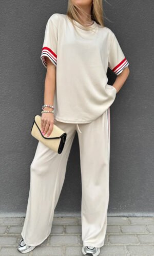 Jet Stream Contrast Striped Trim Crewneck T Shirt Loose Straight Pants Set