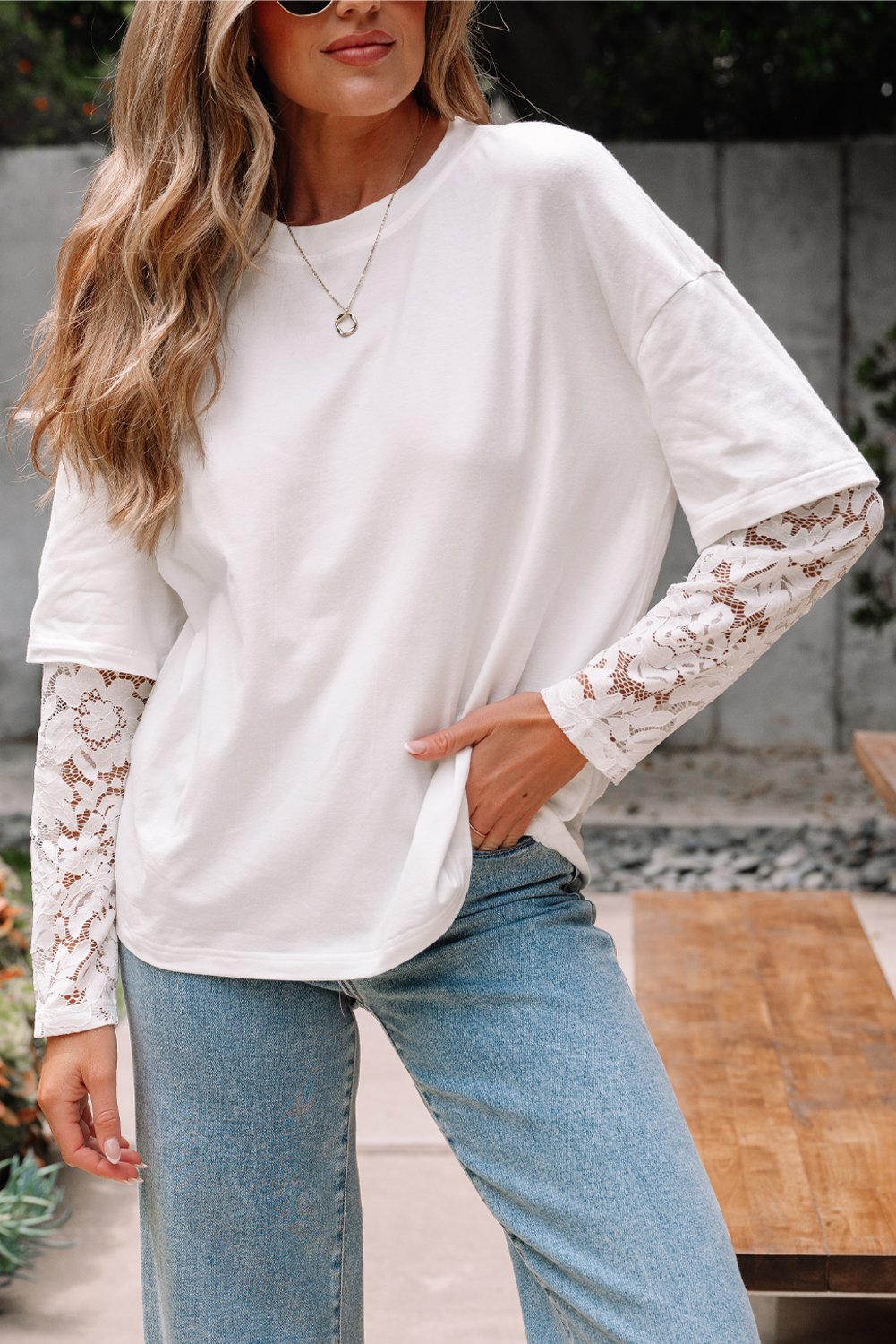White Lace Long Sleeve Insert Drop Shoulder Tee - Image 6