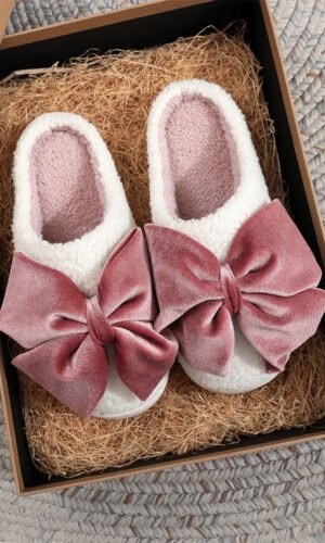 White Glister Ribbon Bow Decor Contrast Liner Plush Slippers