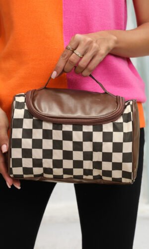 Black Checkered PU Leather Zipper Makeup Bag