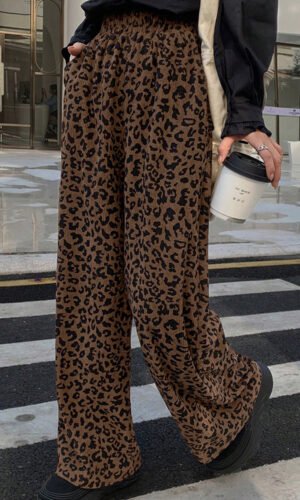 Dark Brown Leopard Print Elastic High Waist Loose Corduroy Pants