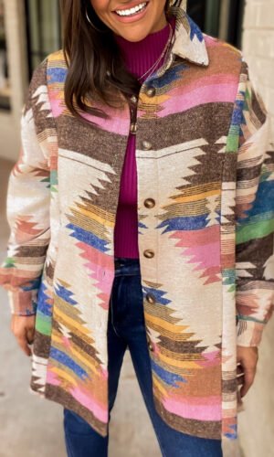 White Aztec Print Button Up Shacket