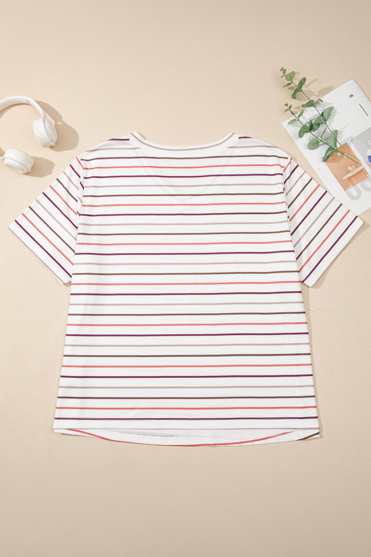 White Stripe V Neck Casual Plus Size Tee - Image 6