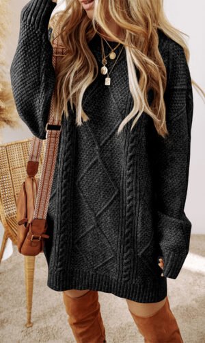 Black Cable Knit Drop Shoulder Loose Fit Sweater Dress