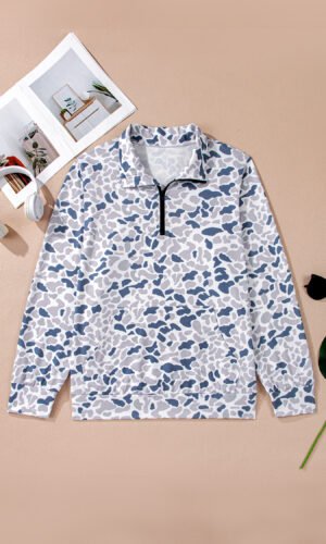 Multicolour Plus Camouflage Print Quarter Zip Kangaroo Pocket Pullover Sweatshirt
