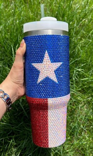 Dark Blue American Flag Star Full Rhinestone Handle Tumbler 40oz