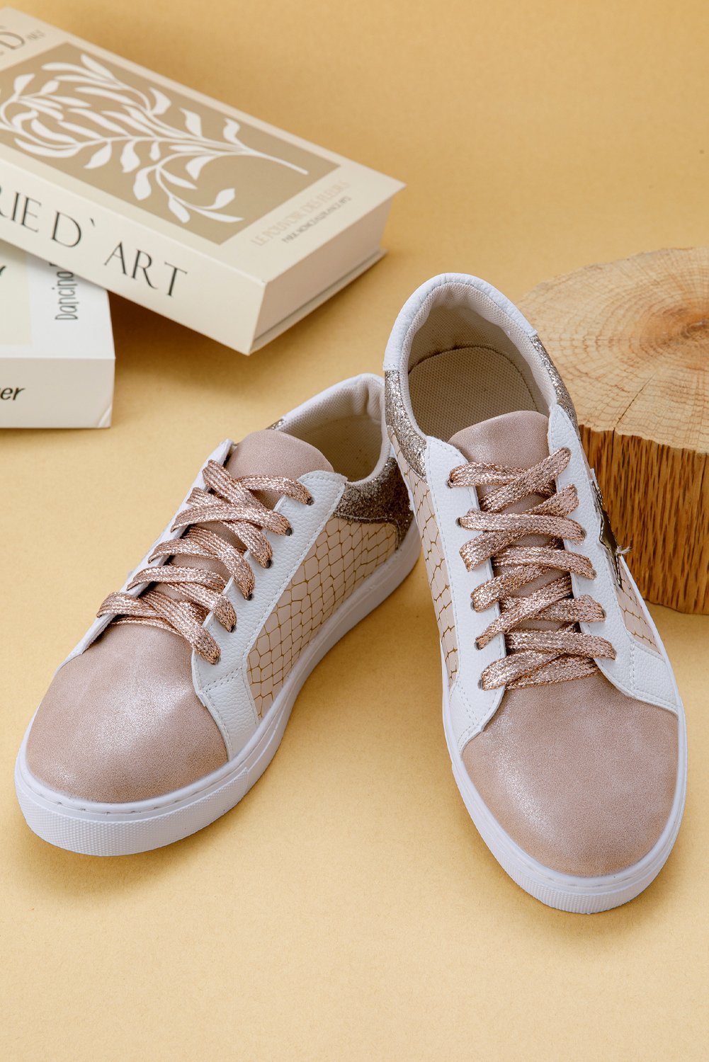 Dearlove Gold Glitter Star Patchwork PU Leather Lace-up Sneakers - Image 8