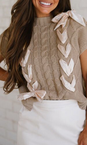 Simply Taupe Cable Knit Colorblock Satin Bowknot Short Sleeve Sweater
