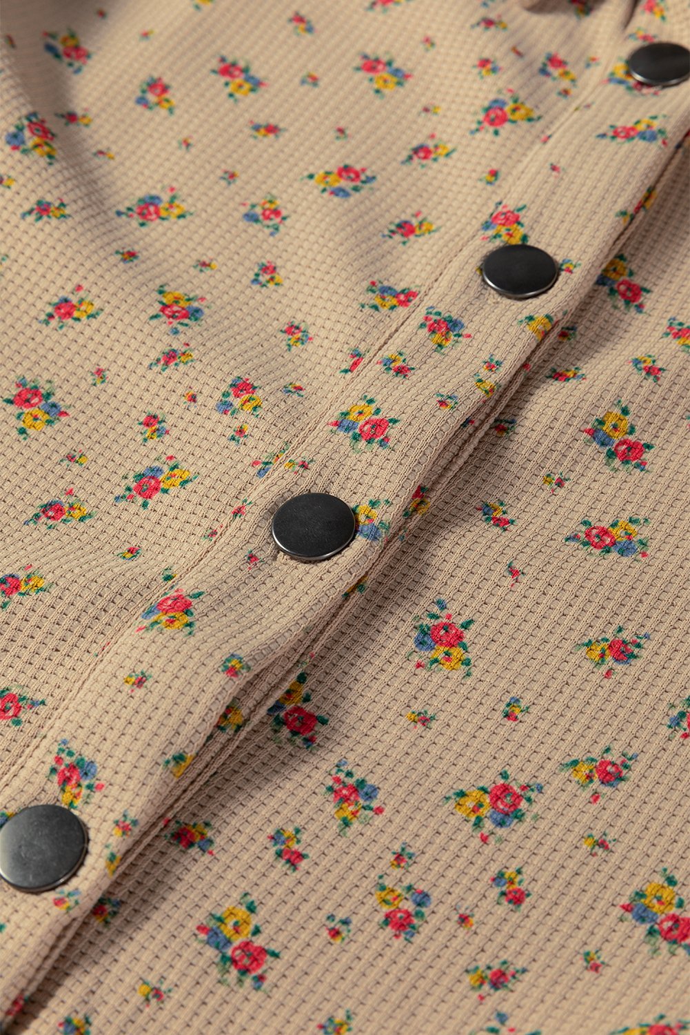 Oatmeal Boho Floral Plaid Patchwork Distressed Detail Ruffled Sleeve Waffle Knit Shacket - Image 8