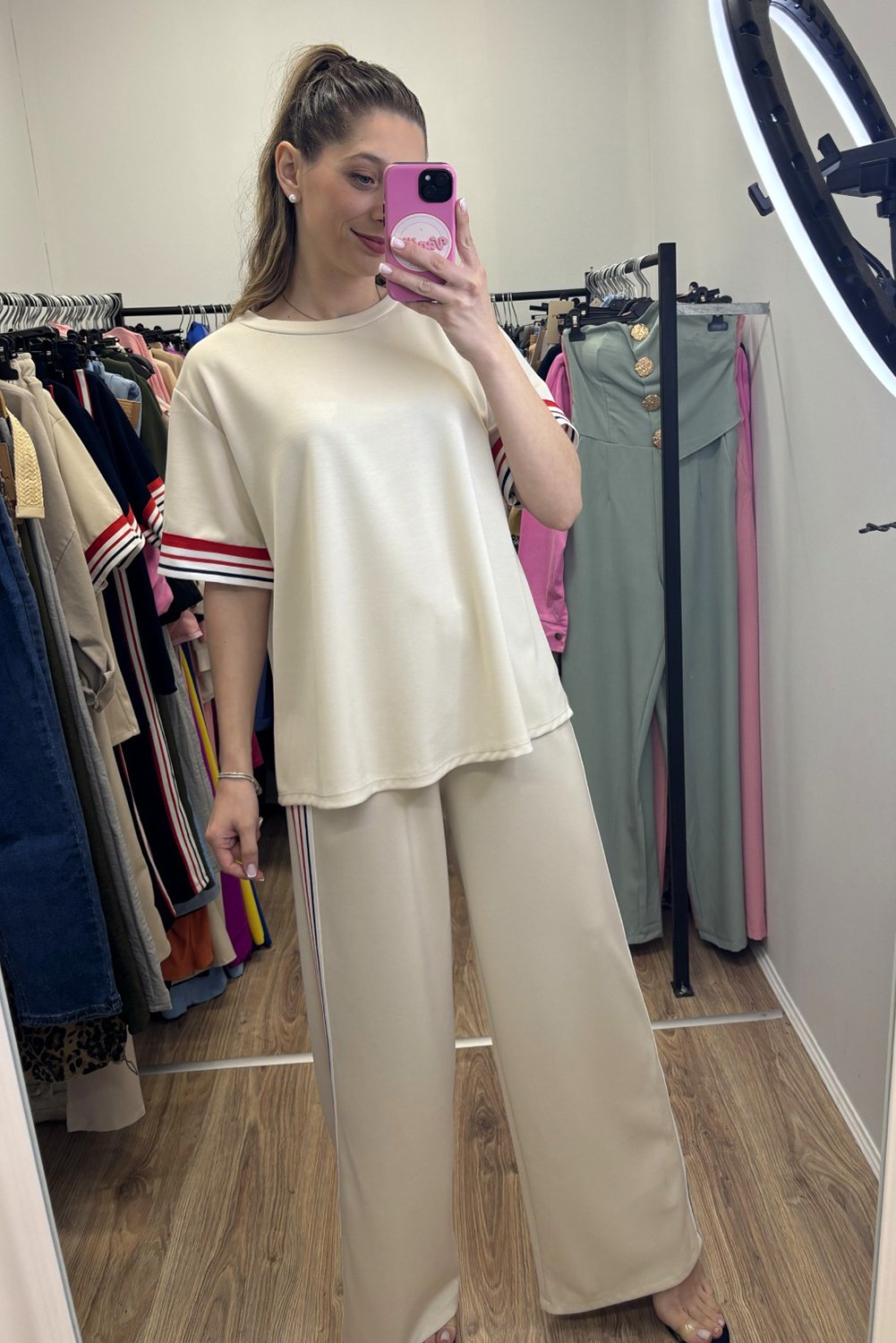 Jet Stream Contrast Striped Trim Crewneck T Shirt Loose Straight Pants Set - Image 8