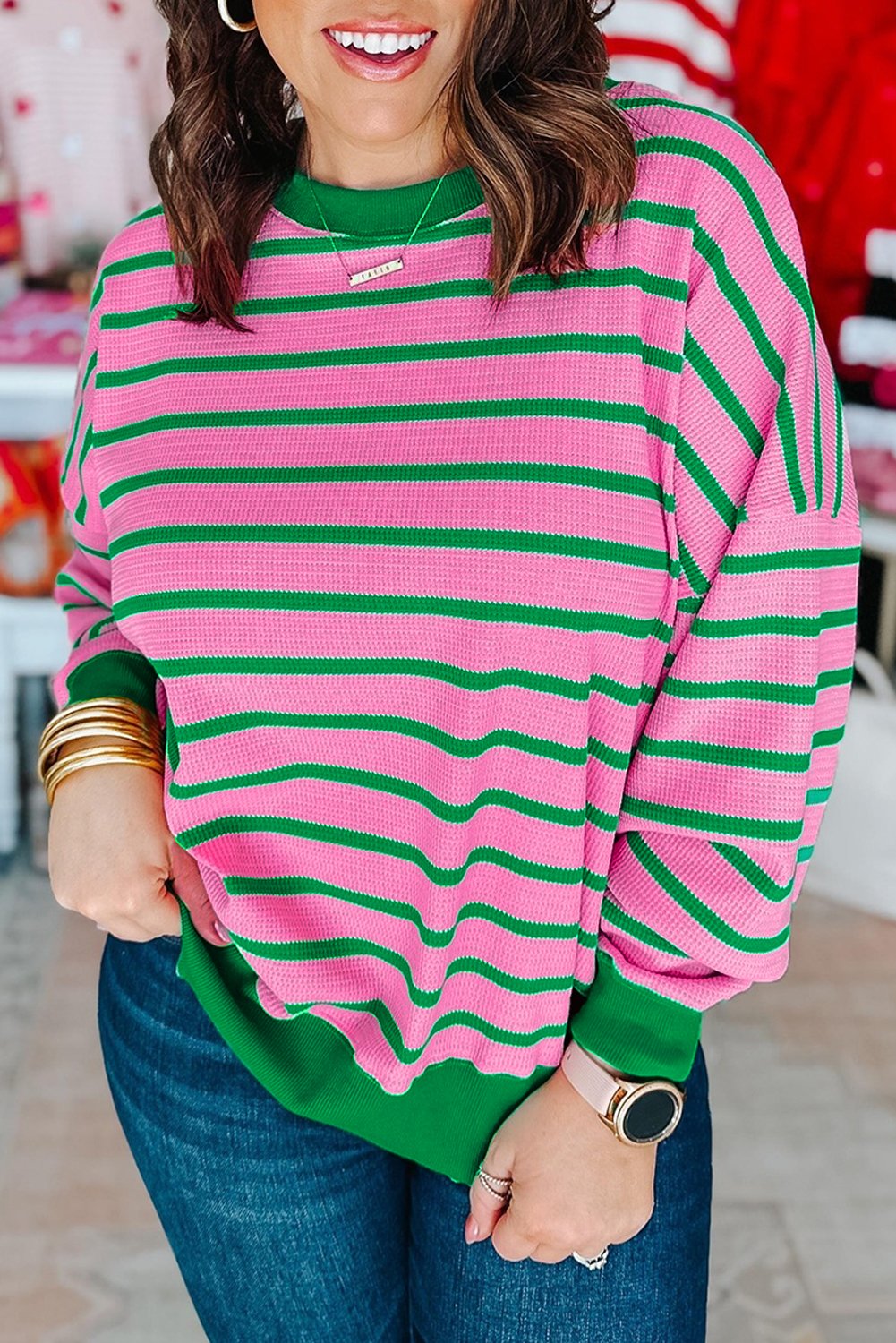Pink Stripe Waffle Knit Crew Neck Plus Size Sweatshirt - Image 6