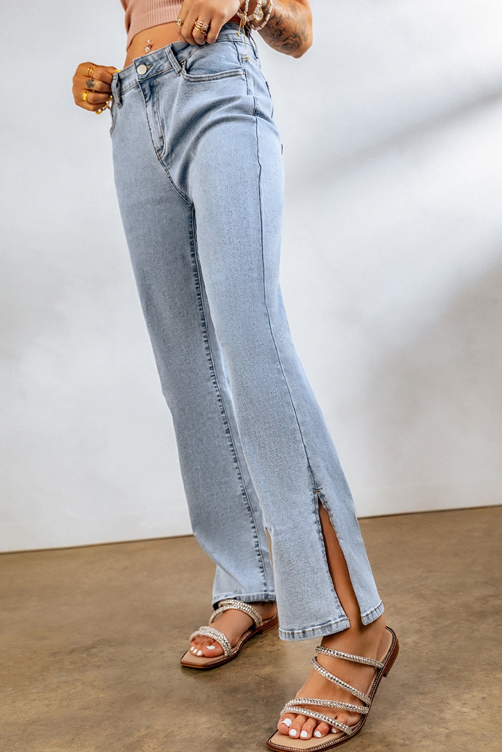 Sky Blue High Rise Slit Anklet Flare Jeans - Image 3