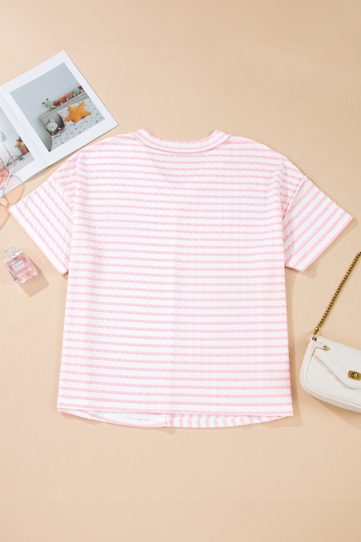 Pink Stripe Plus Size V Neck Exposed Seam Patchwork T Shirt - Image 5
