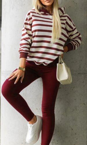 Red Stripe Pullover Hoodie Ribbed Solid Pants 2pcs Set Outfit