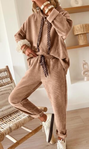 Dark Khaki Leopard Drawstring Pullover Hoodie and High Waist Pants Corduroy Suit