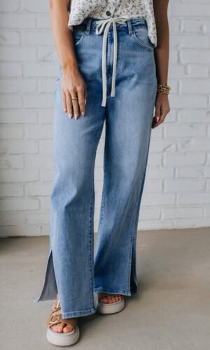 Myosotis Slit Leg High Rise Drawstring Casual Jeans