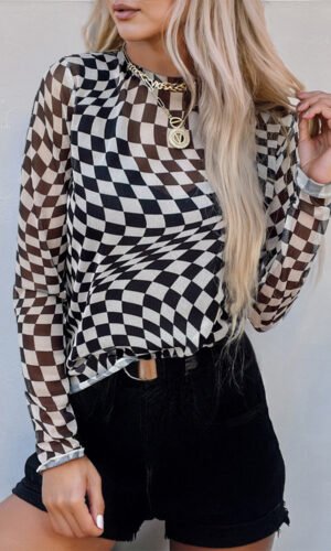 Black Checkered Pattern Mesh Mock Neck Long Sleeve Top