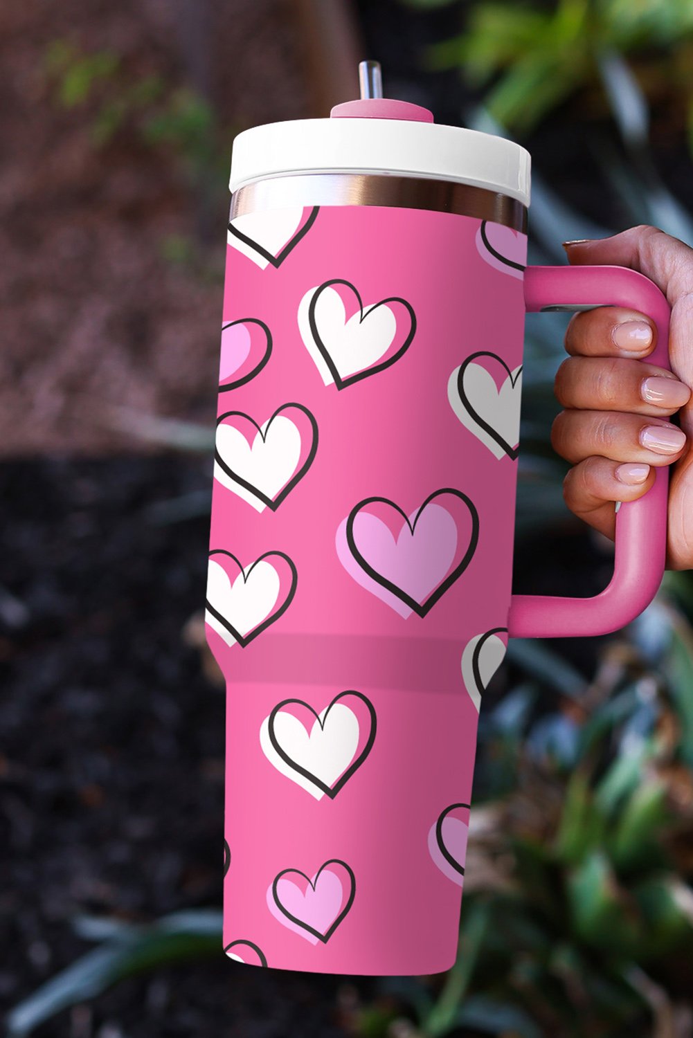 Rose Red Valentines Heart Printed Thermos Cup with Handle 40oz - Image 5
