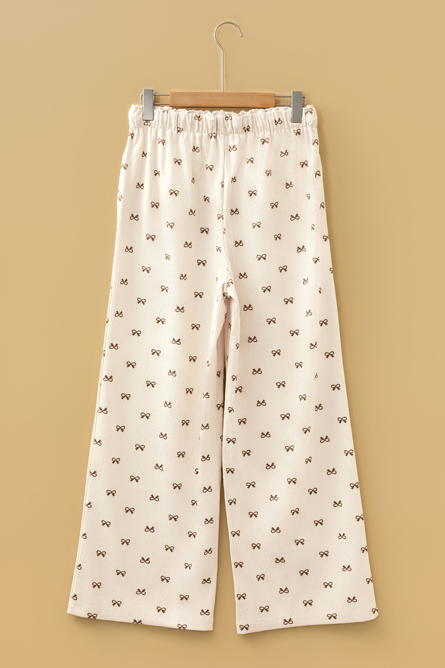 Apricot Bow Print Drawstring Elastic Waist Loose Corduroy Pants - Image 8