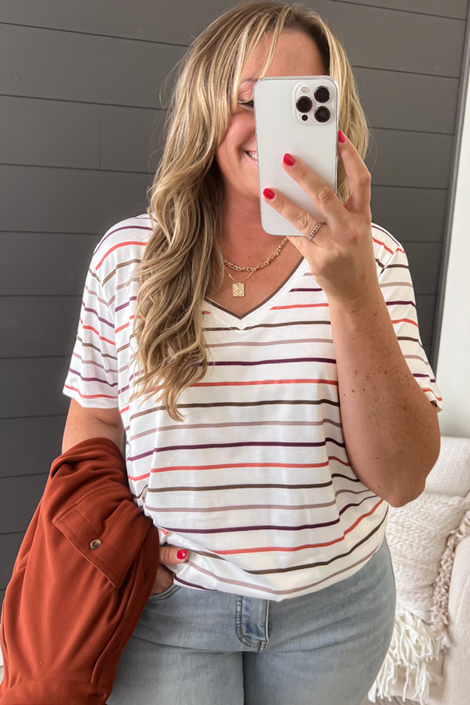 White Stripe V Neck Casual Plus Size Tee - Image 4