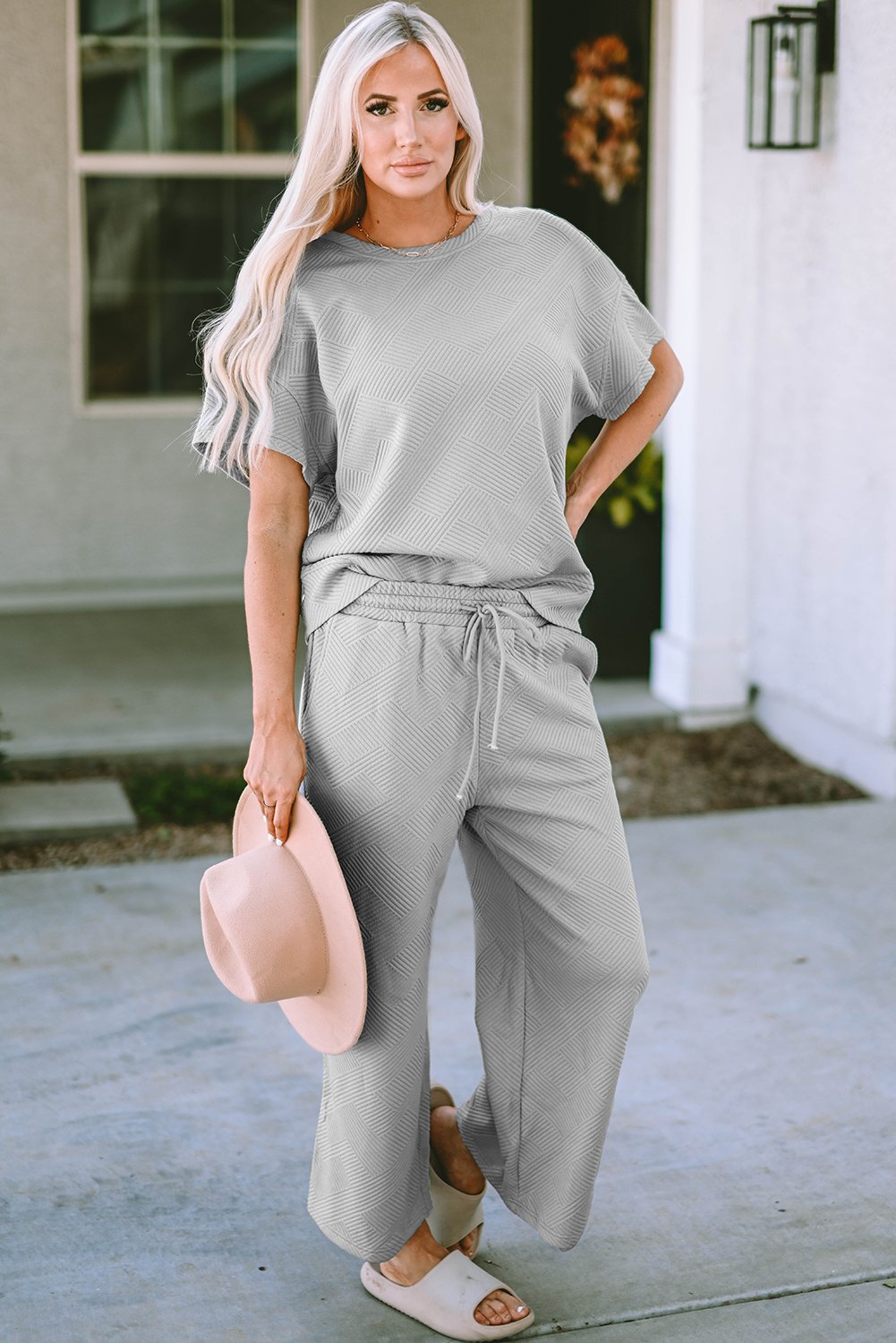 Gray Textured Loose Fit T Shirt and Drawstring Pants Set - Image 8