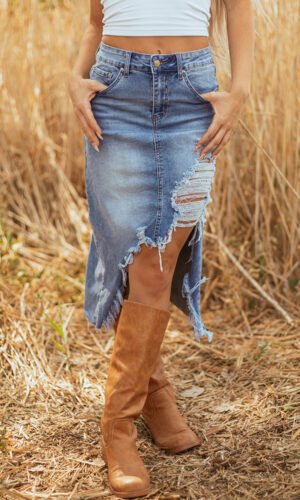 Dearlove Myosotis Irregular Distressed Bottom Denim Midi Skirt