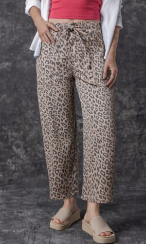 Khaki Leopard Printed Drawstring Elastic Waistband Pocketed Wide Leg Jeans