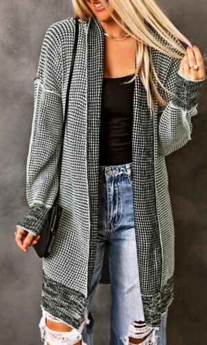 Gray Plaid Knitted Long Open Front Cardigan