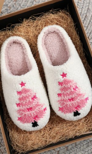 White Plush Christmas Tree Color Contrasted Liner House Slippers