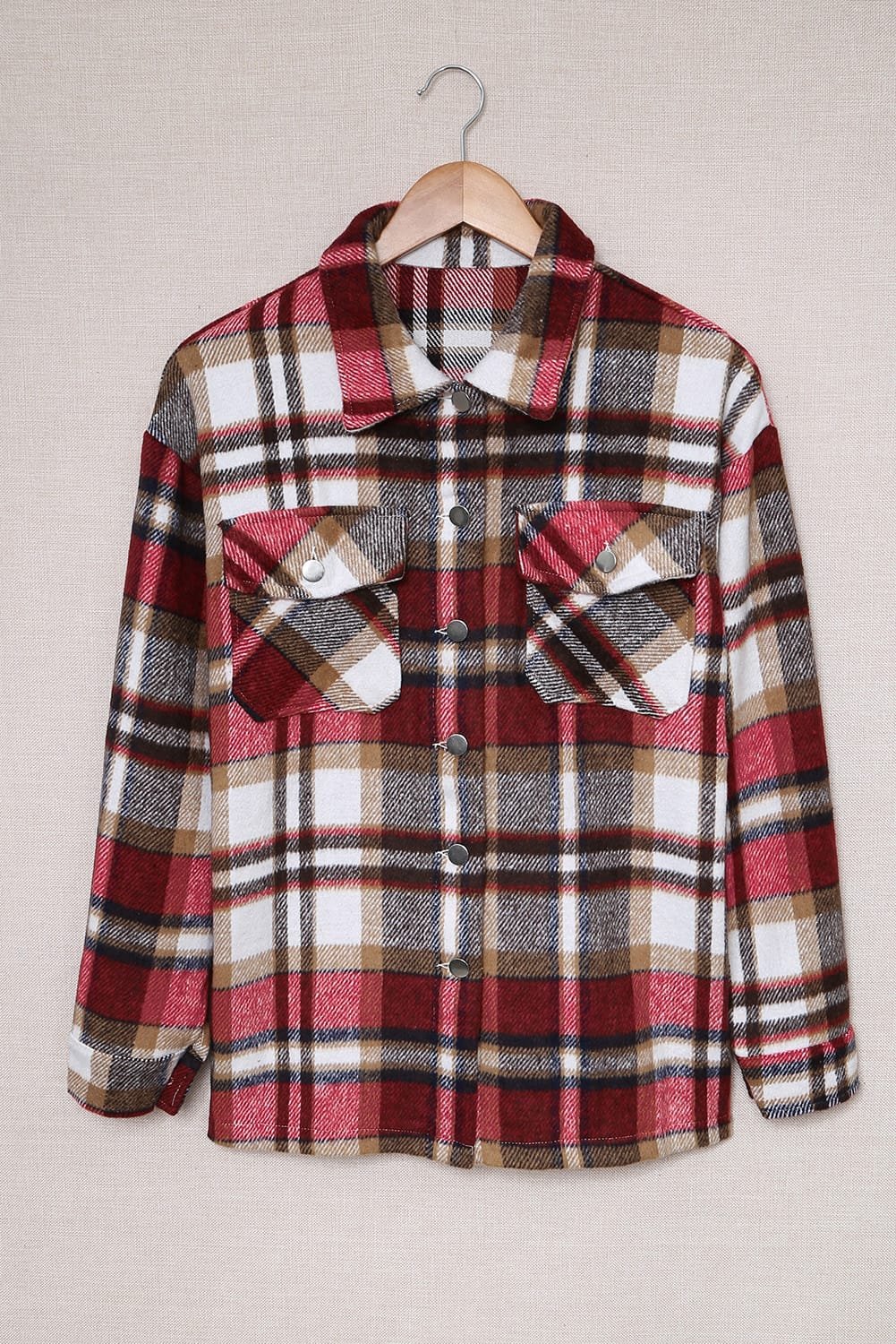 Fiery Red Geometric Plaid Print Pocketed Shacket - Image 8
