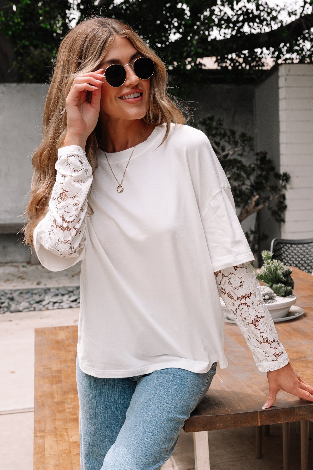 White Lace Long Sleeve Insert Drop Shoulder Tee - Image 5