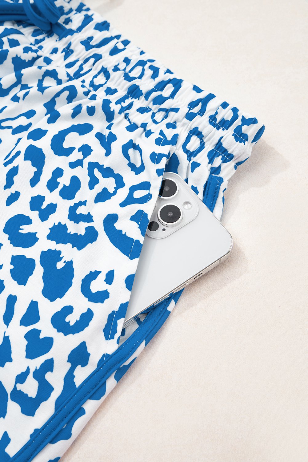 Blue Leopard Elastic Waistband Lace up Contrast Trim Casual Shorts - Image 8