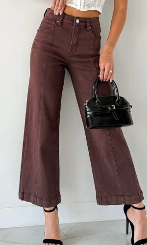 Red Sandalwood Solid Color Seamed Center Wide Leg Cropped Jeans