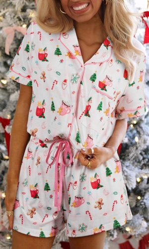 White Christmas Spirits Shirt Style 2pcs Short Pajama Set