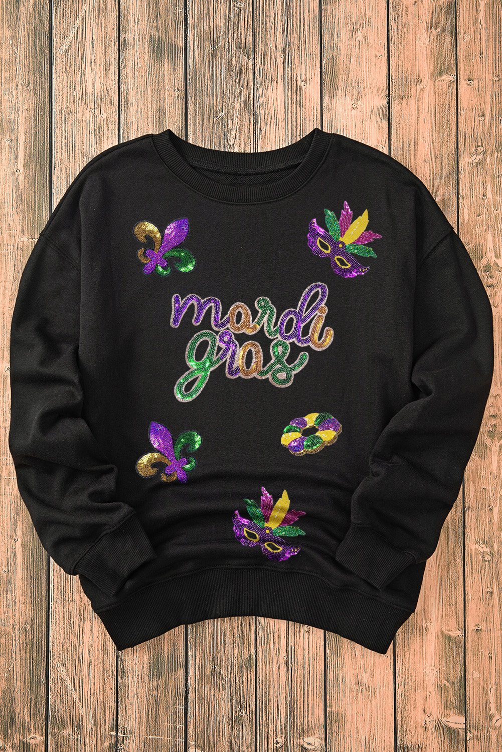 Black Sequin mardi gras Fleur de Lis Graphic Pullover Sweatshirt - Image 5