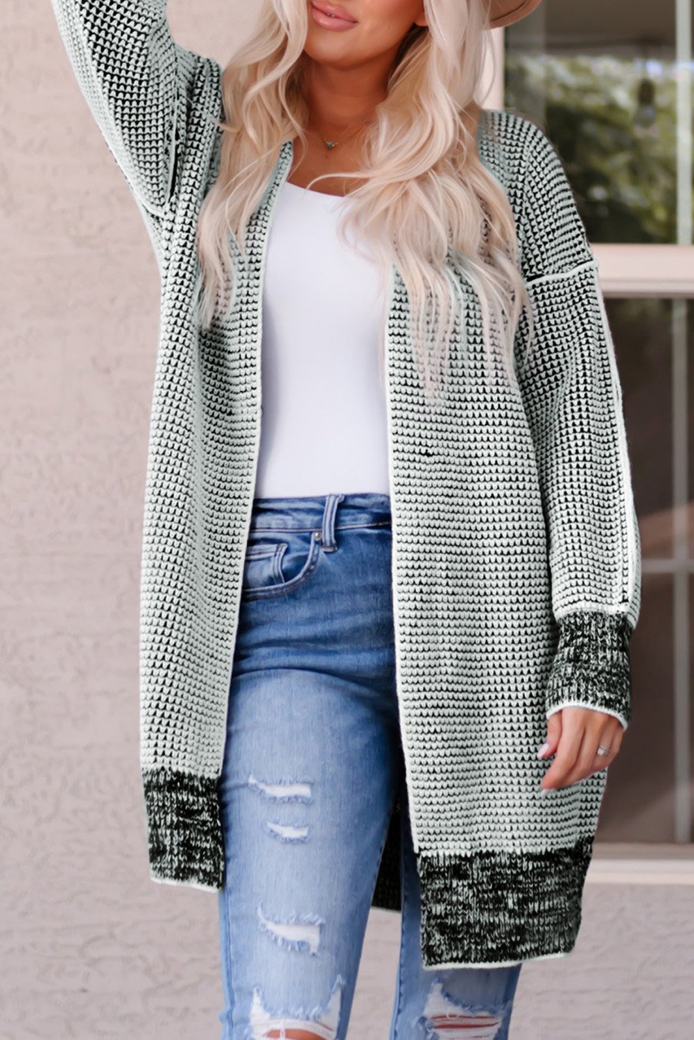 Gray Plaid Knitted Long Open Front Cardigan - Image 8
